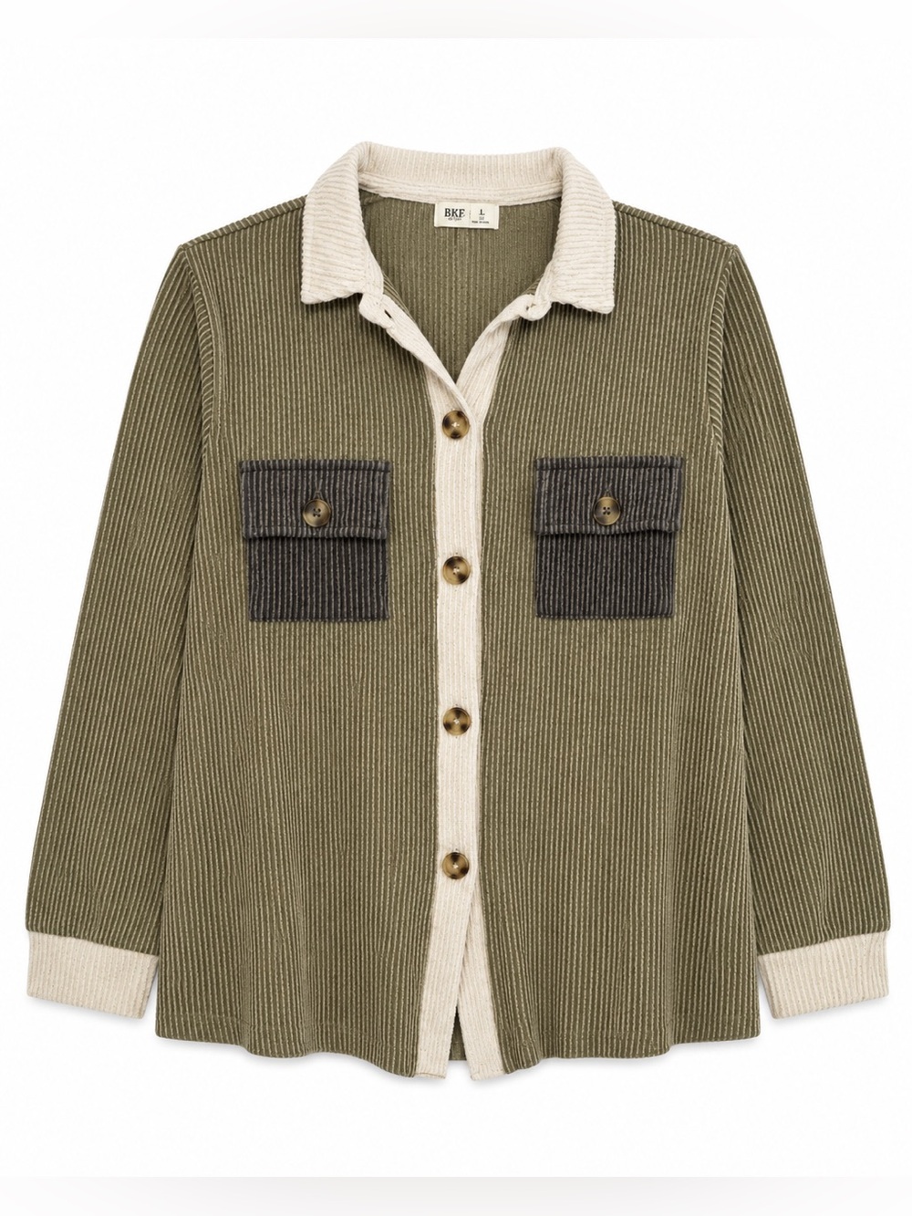 BKE Olive & Cream Ribbed Button-Front Shirt with Dark Pocket Flaps